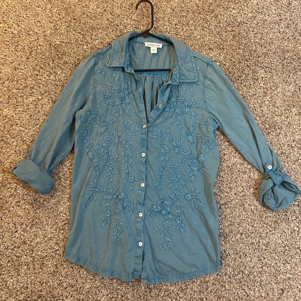Coldwater Creek Small Blue Embroidered Button-up